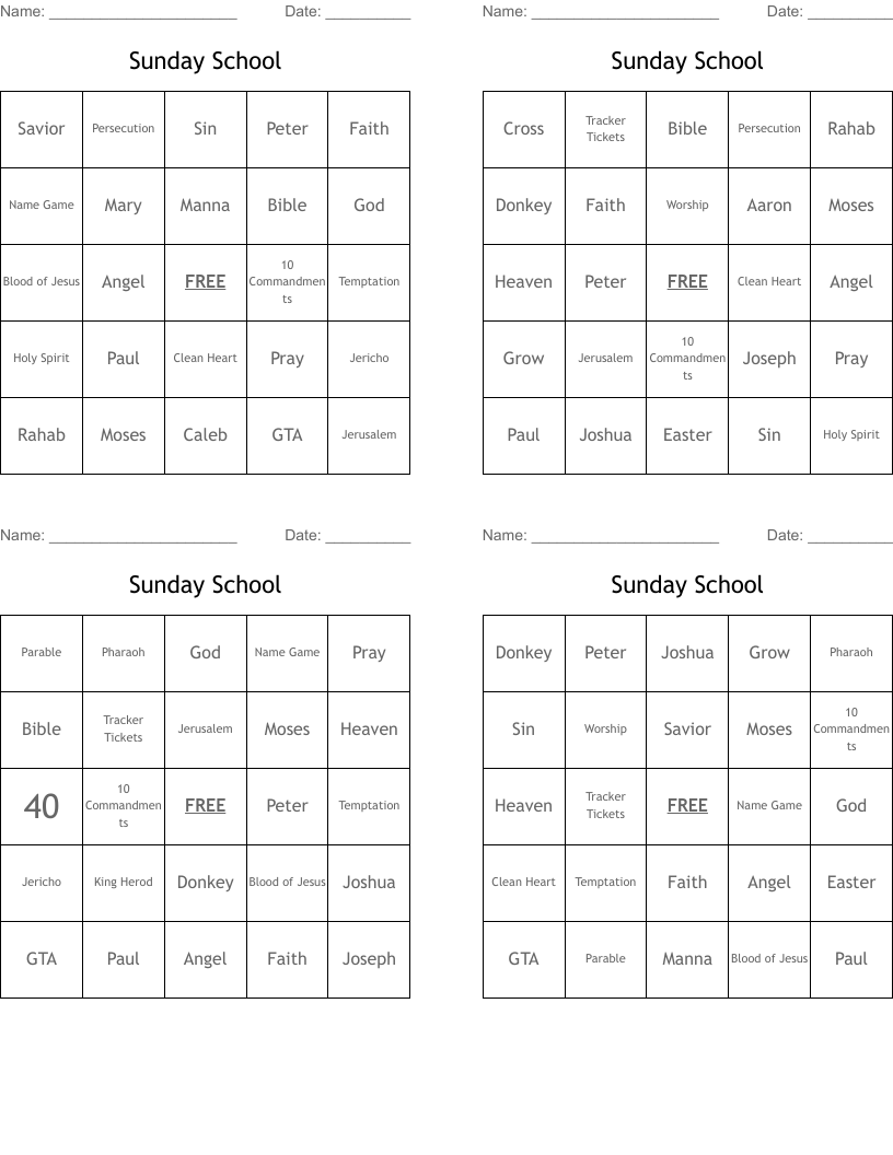 Sunday School Bingo Cards