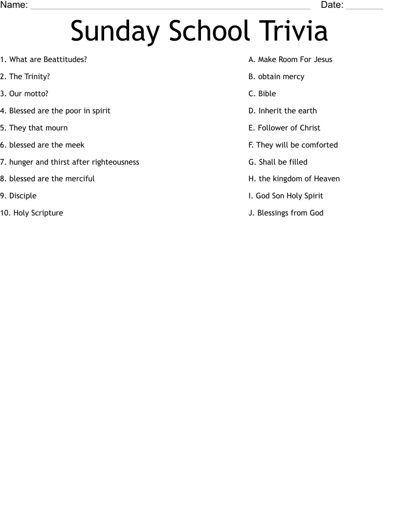Sunday School Trivia Worksheet