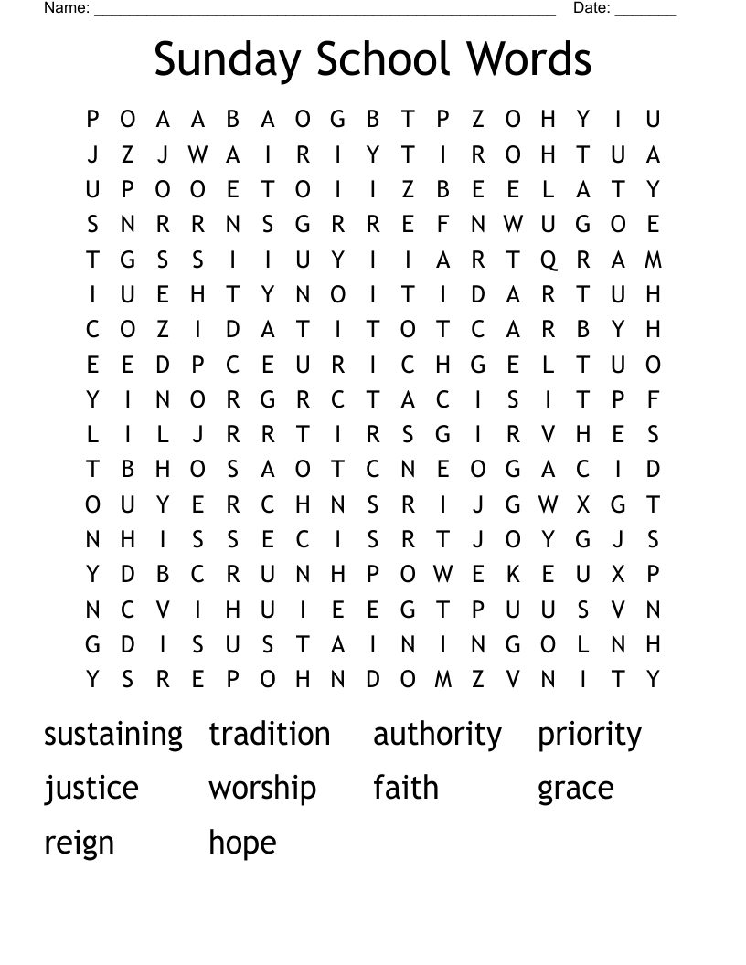 Sunday School Words Word Search
