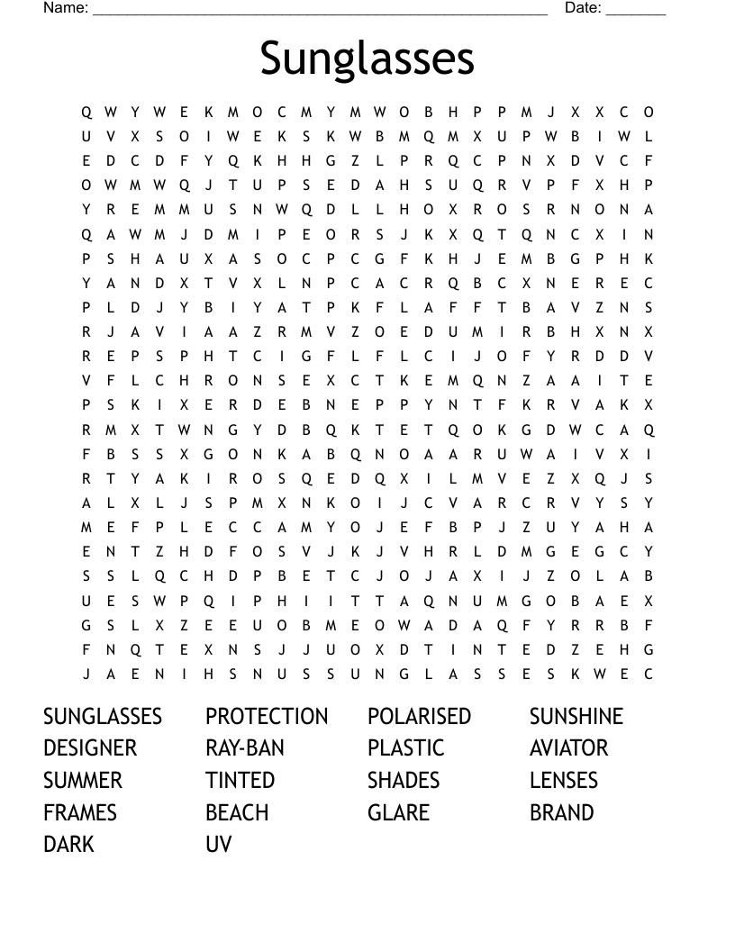 Sunglasses Word Search