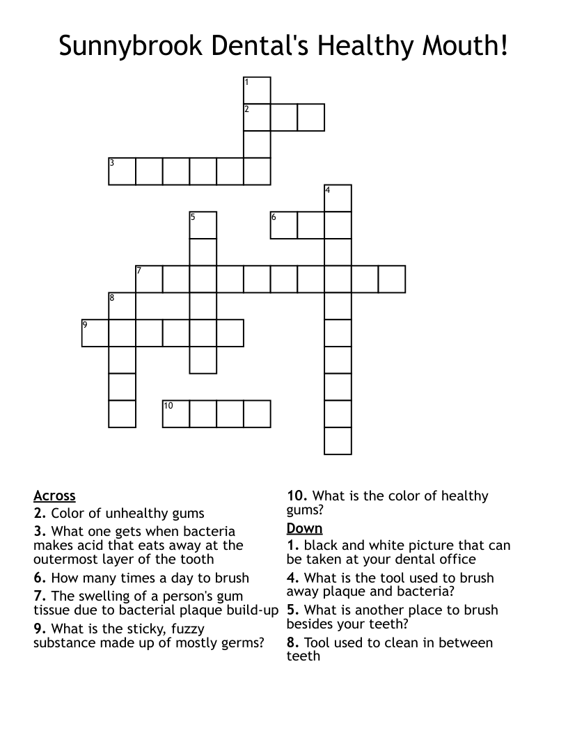 Sunnybrook Dental's Healthy Mouth! Crossword