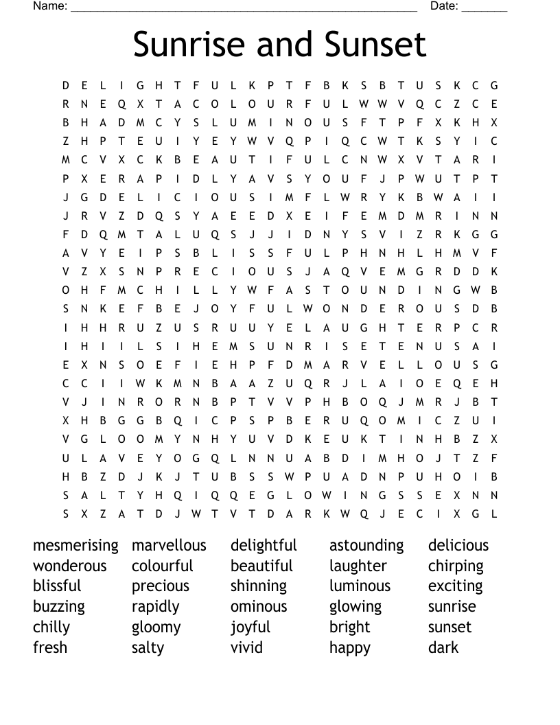 Sunrise and Sunset Word Search