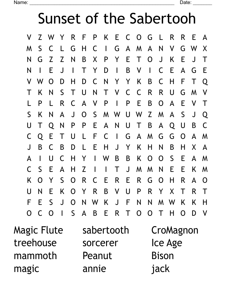 Sunset of the Sabertooh Word Search