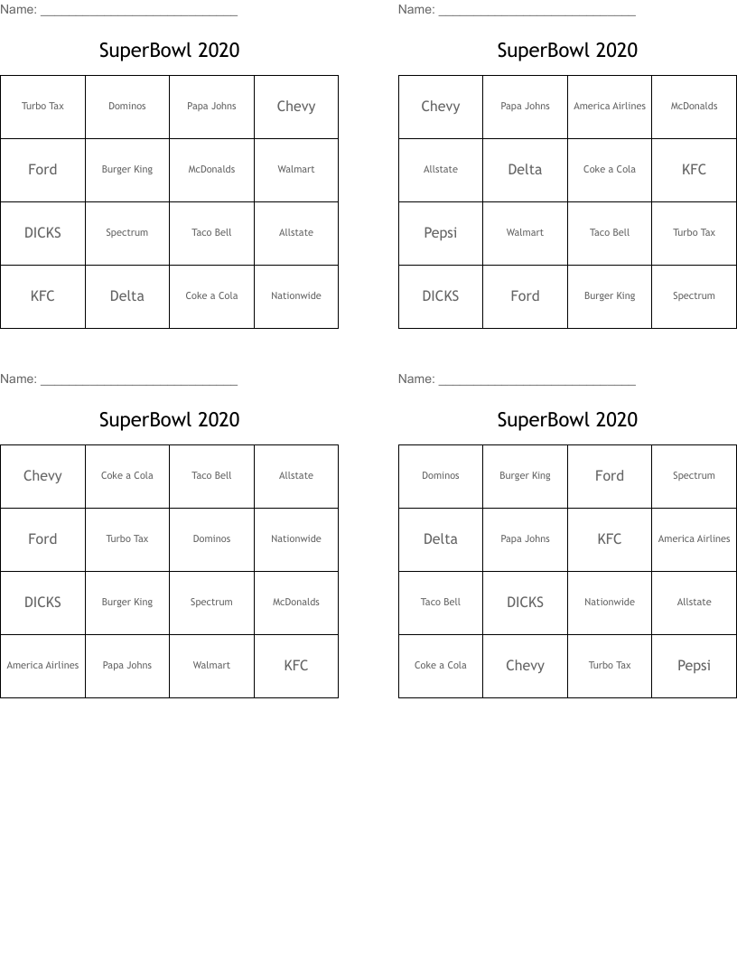 SuperBowl 2020 Bingo Cards
