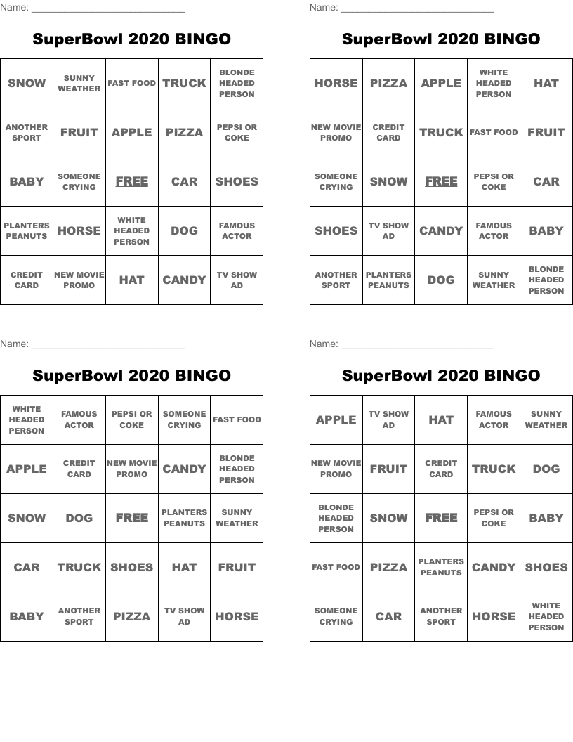 SuperBowl 2020 BINGO