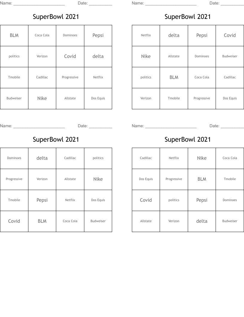 SuperBowl 2021 Bingo Cards