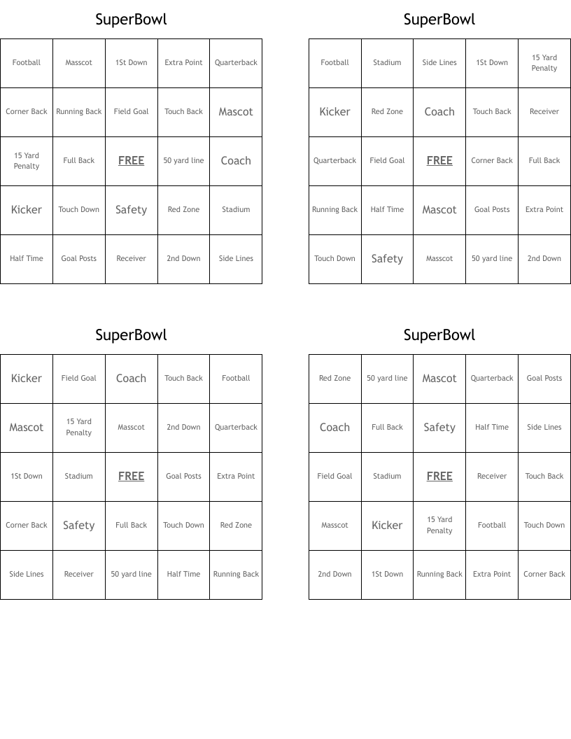 SuperBowl Bingo Cards