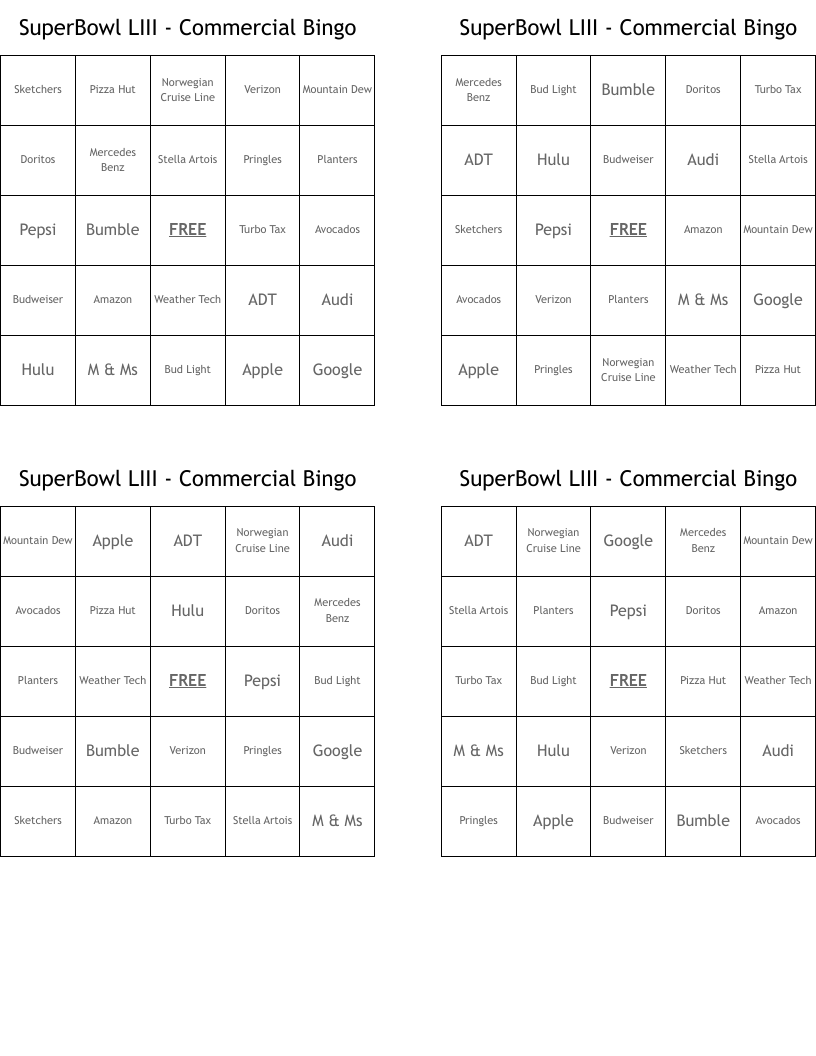 SuperBowl LIII - Commercial Bingo