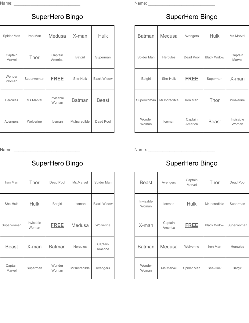 SuperHero Bingo 