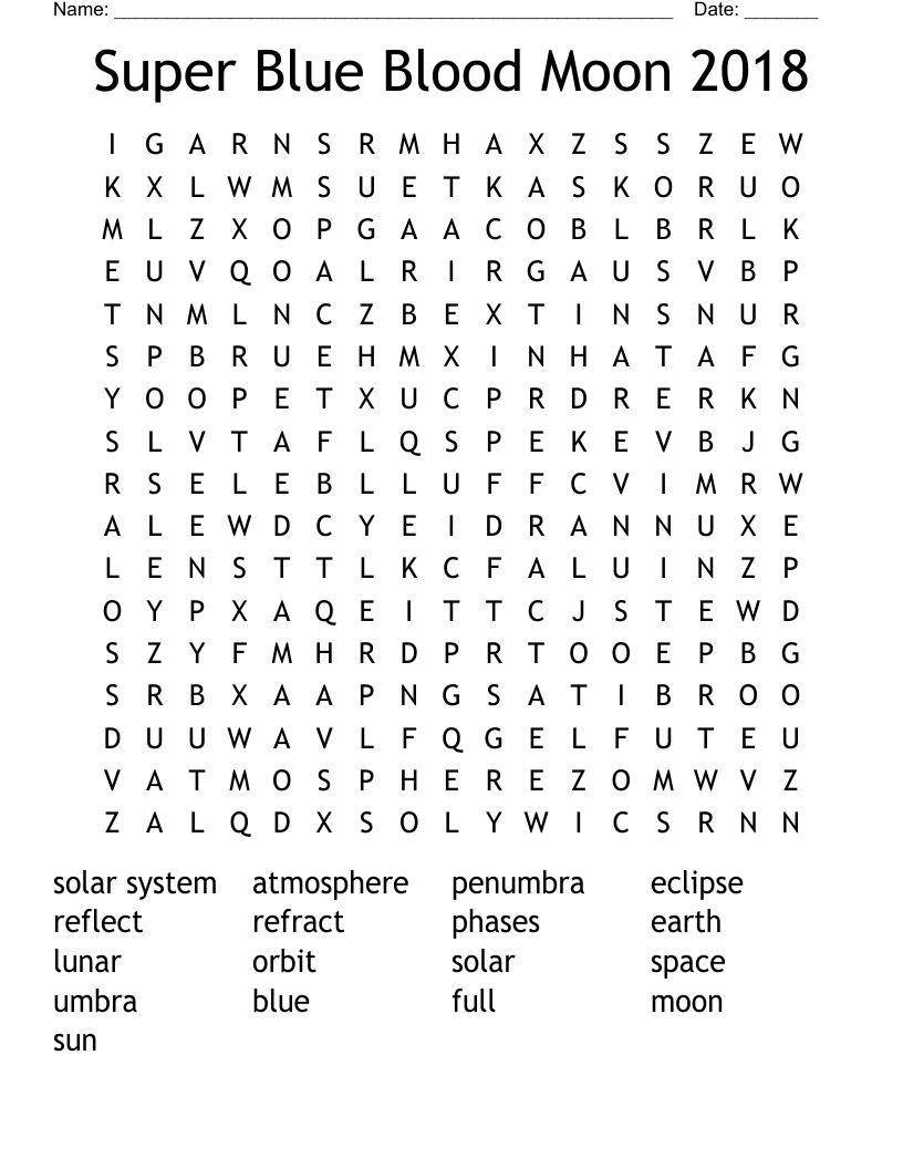 Super Blue Blood Moon 2018 Word Search