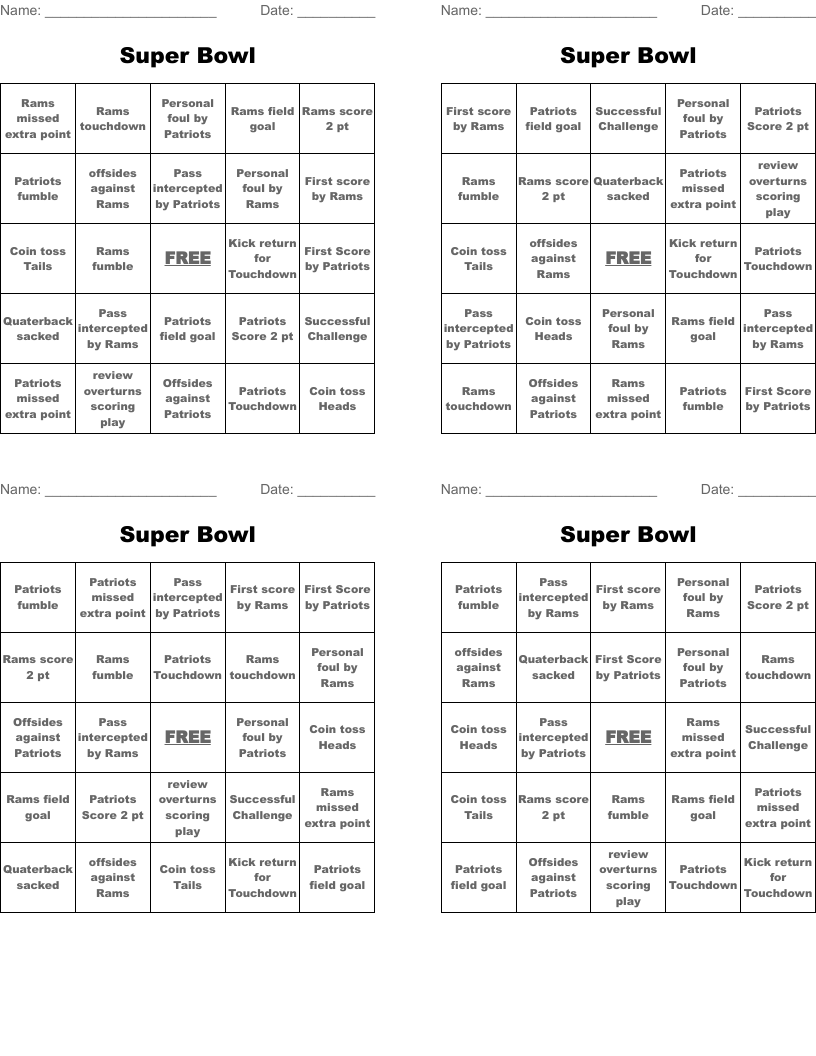 Super Bowl Bingo Cards
