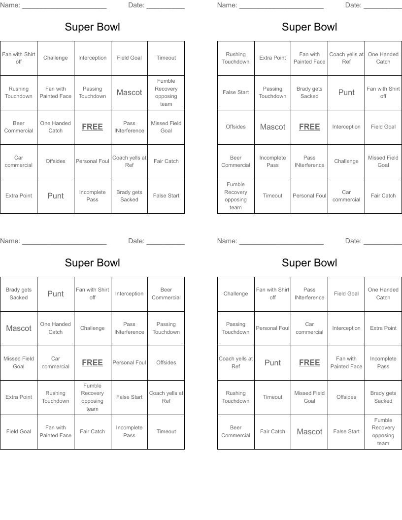 Super Bowl Bingo Cards