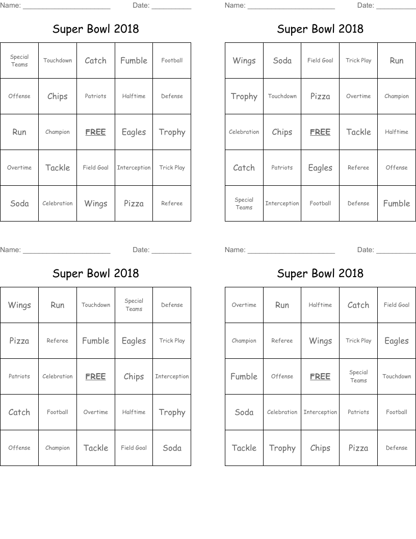 Super Bowl 2018 Bingo Cards