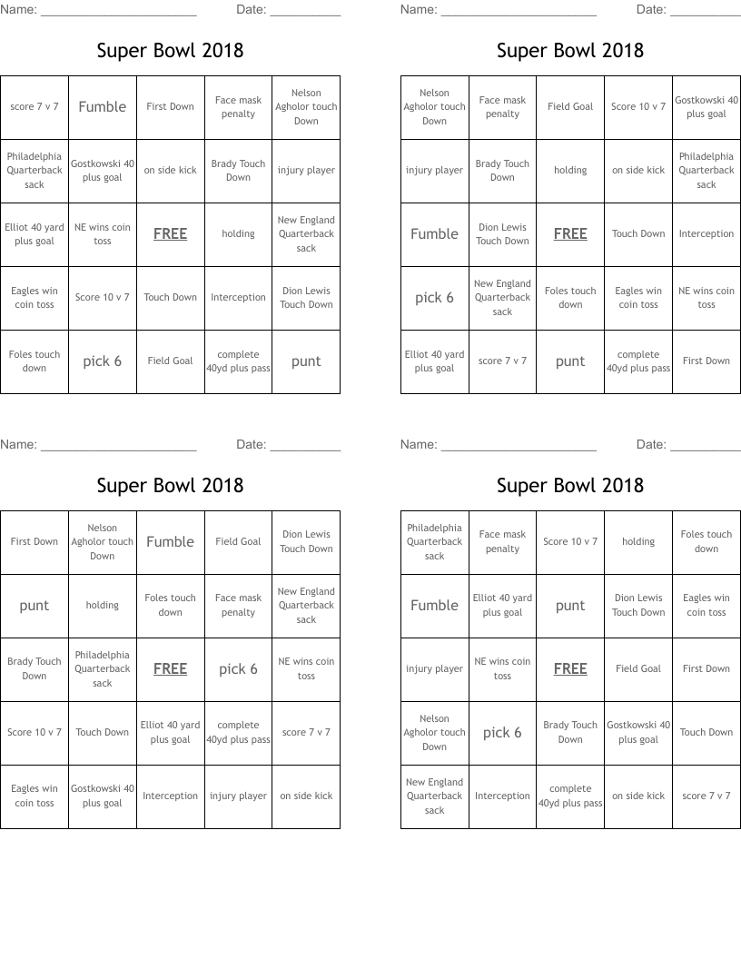 Super Bowl 2018 Bingo Cards