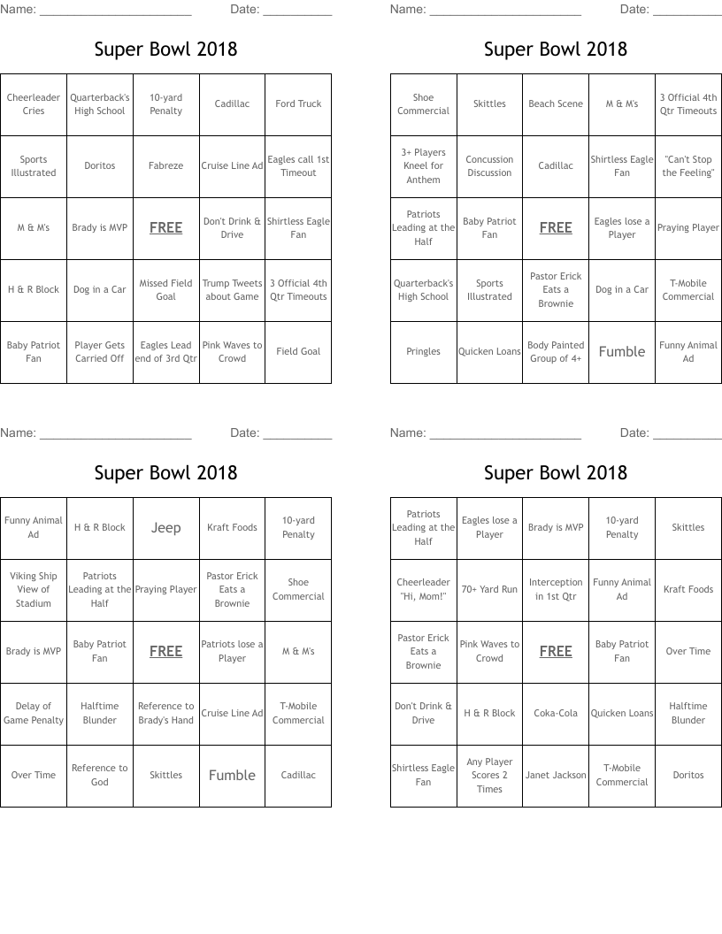Super Bowl 2018 Bingo Cards