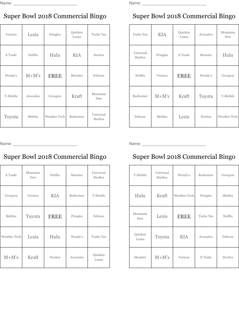 Super Bowl 2018 Commercial Bingo