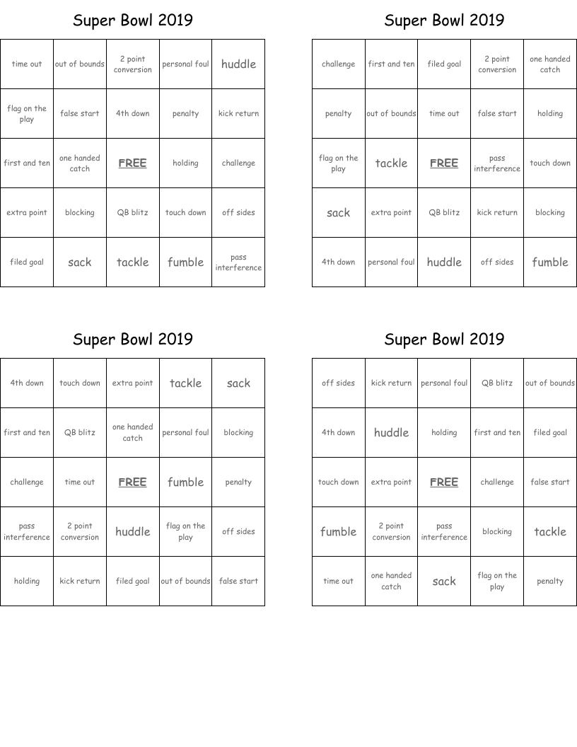 Super Bowl 2019 Bingo Cards