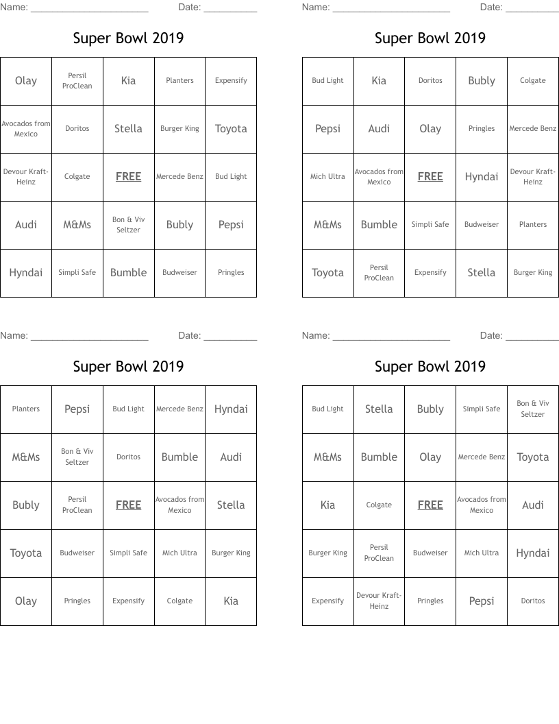 Super Bowl 2019 Bingo Cards