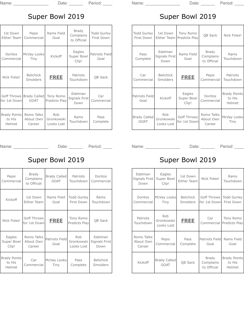 Super Bowl 2019 Bingo Cards