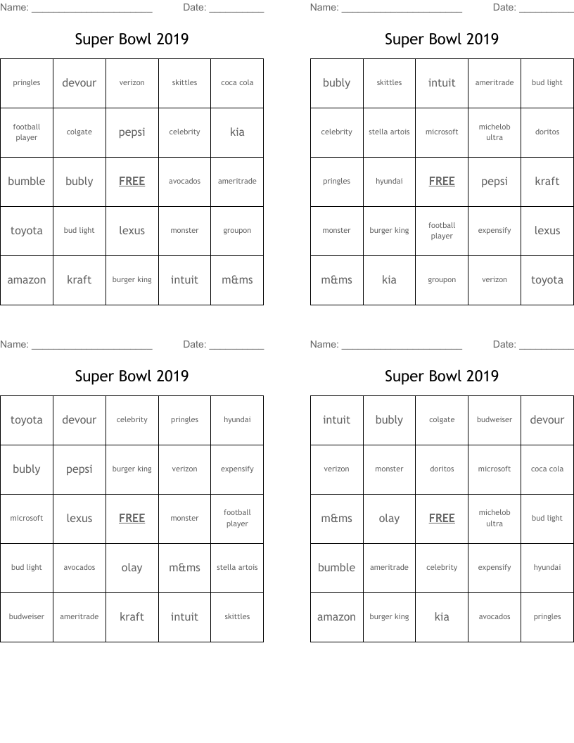Super Bowl 2019 Bingo Cards