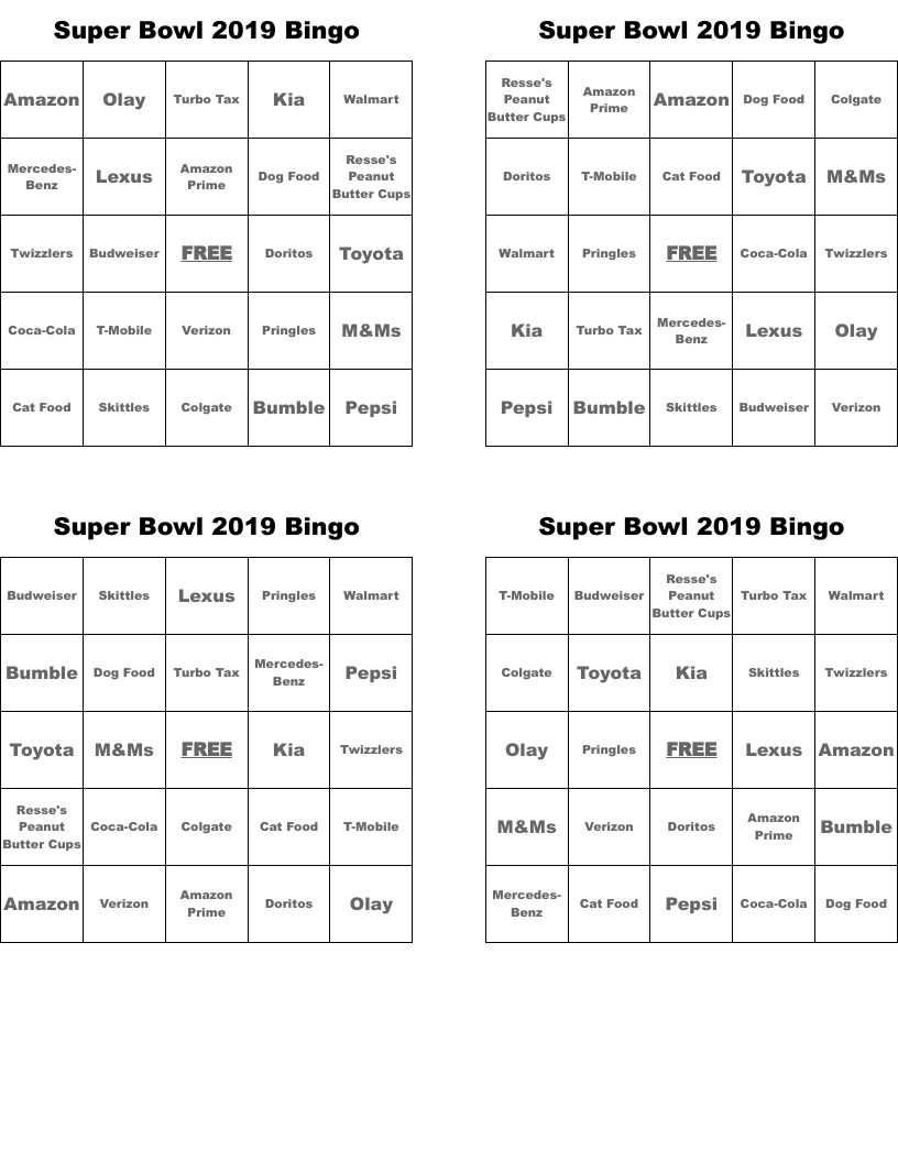 Super Bowl 2019 Bingo