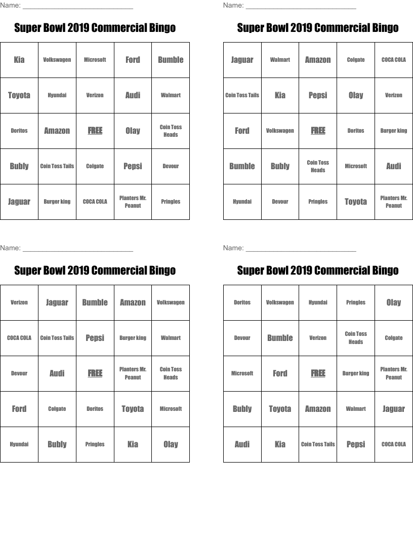 Super Bowl 2019 Commercial Bingo