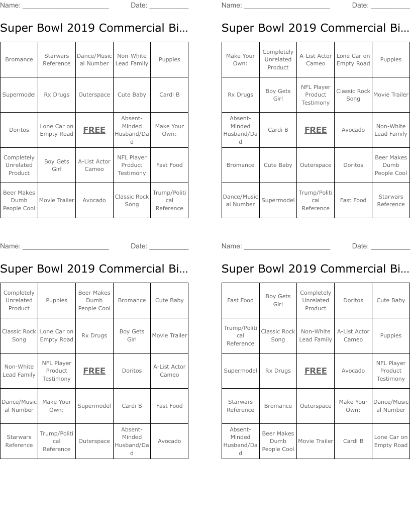 Super Bowl 2019 Commercial Bingo!