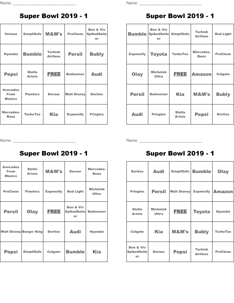 Super Bowl 2019 - 1 Bingo Cards