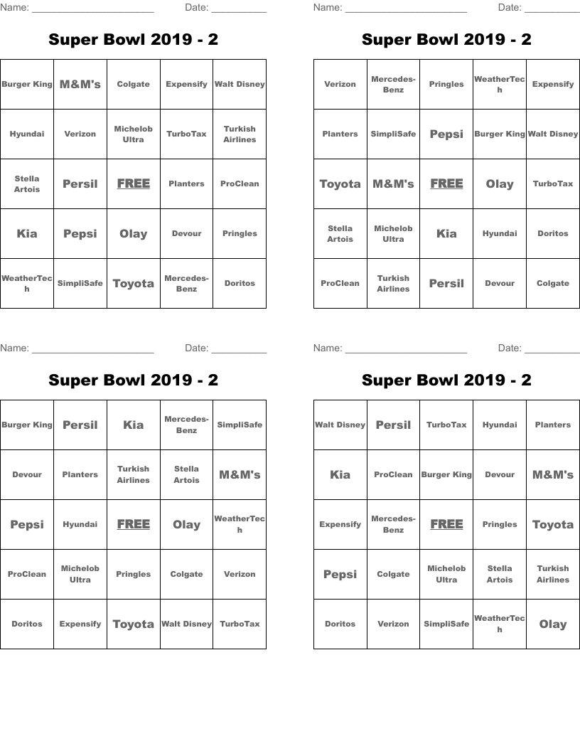 Super Bowl 2019 - 2 Bingo Cards