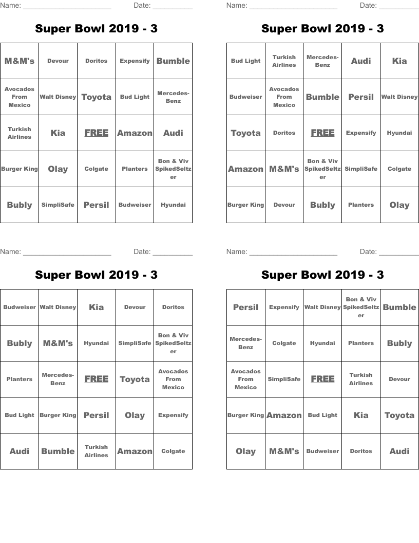 Super Bowl 2019 - 3 Bingo Cards