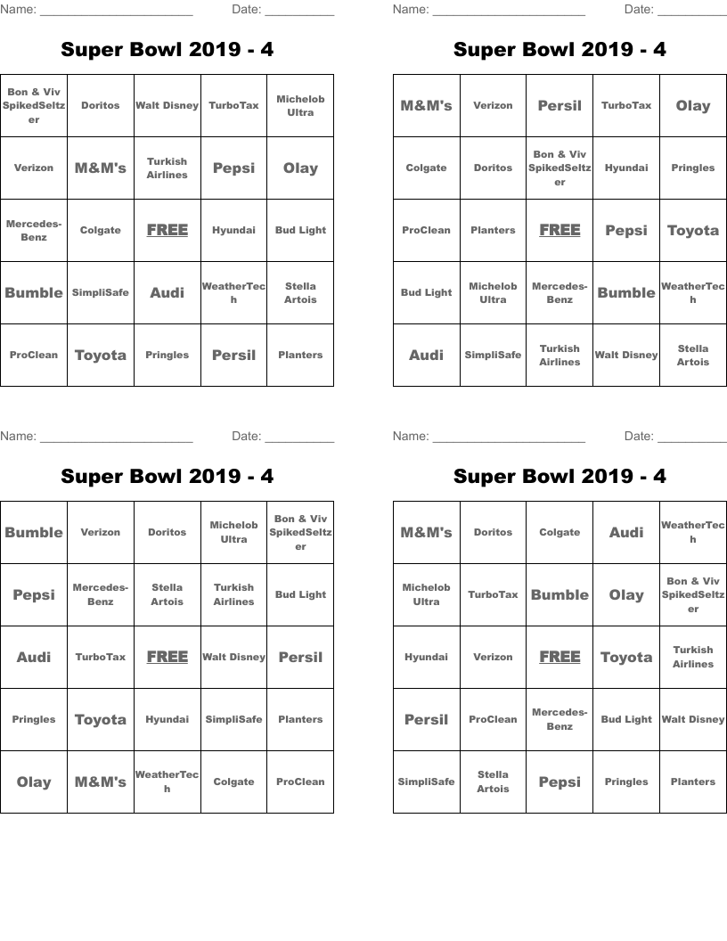 Super Bowl 2019 - 4 Bingo Cards