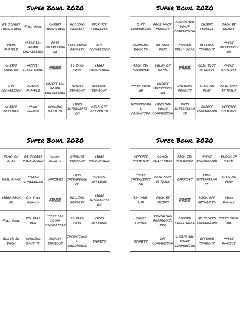 Super Bowl 2020 Bingo Cards