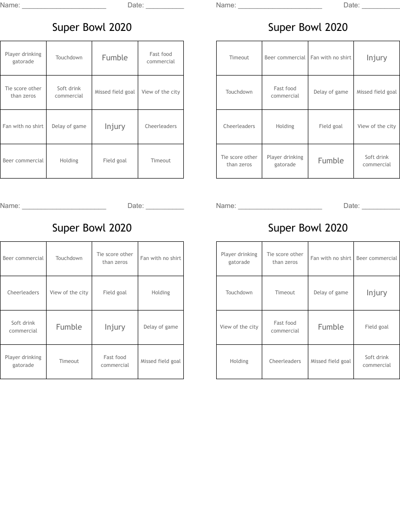 Super Bowl 2020 Bingo Cards