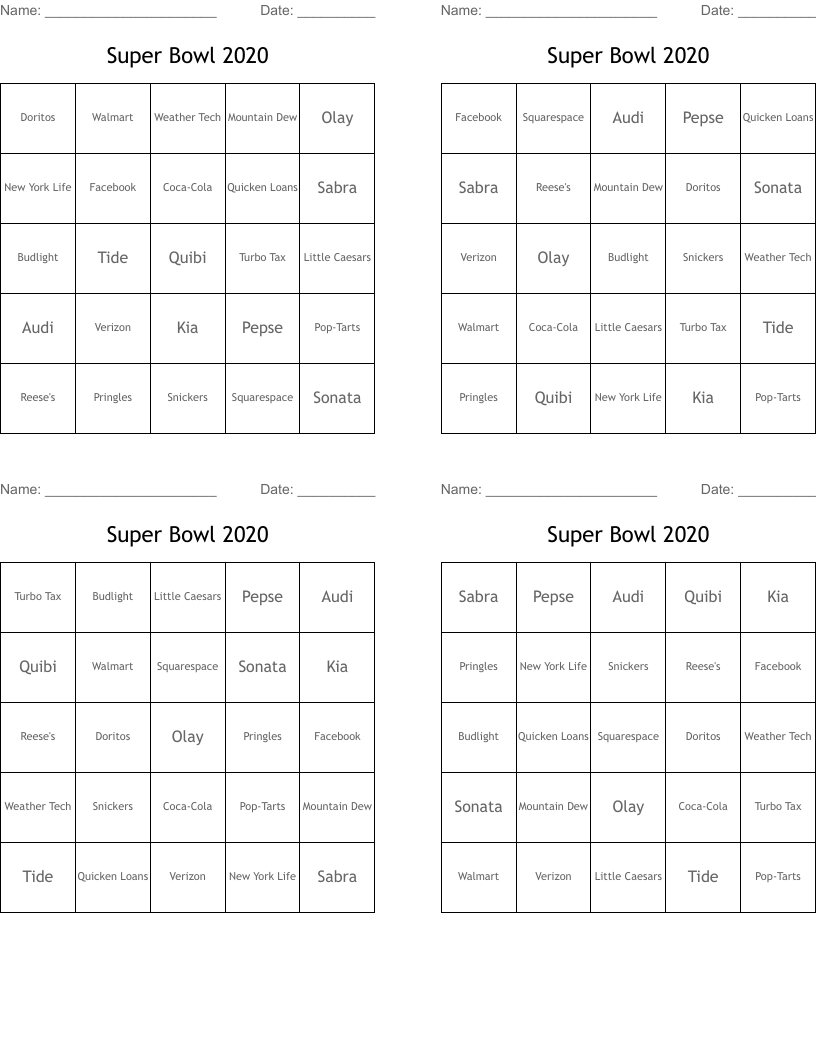 Super Bowl 2020 Bingo Cards