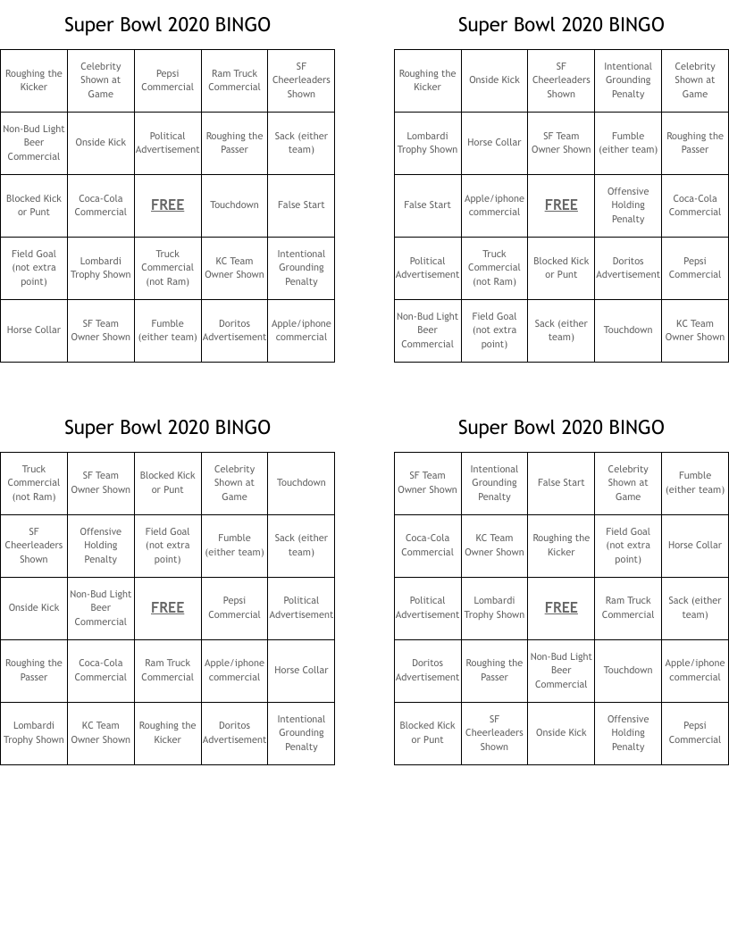 Super Bowl 2020 BINGO