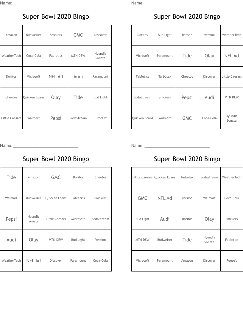 Super Bowl 2020 Bingo 
