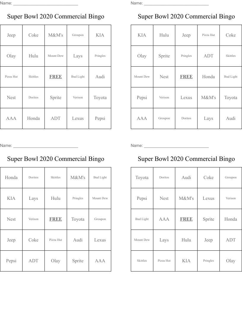 Super Bowl 2020 Commercial Bingo