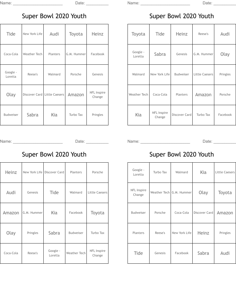 Super Bowl 2020 Youth Bingo Cards