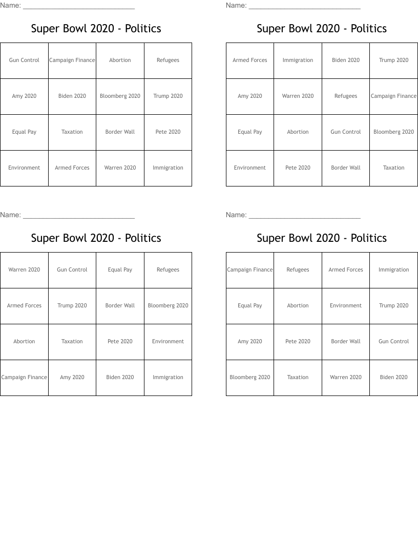 Super Bowl 2020 - Politics Bingo Cards