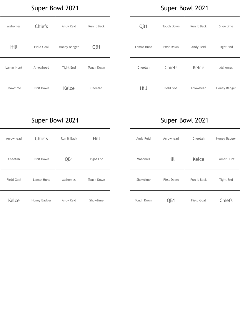 Super Bowl 2021 Bingo Cards
