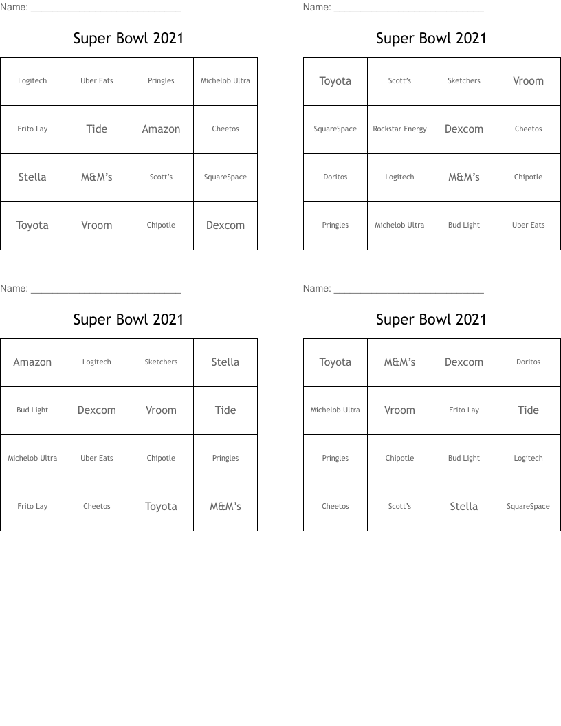 Super Bowl 2021 Bingo Cards