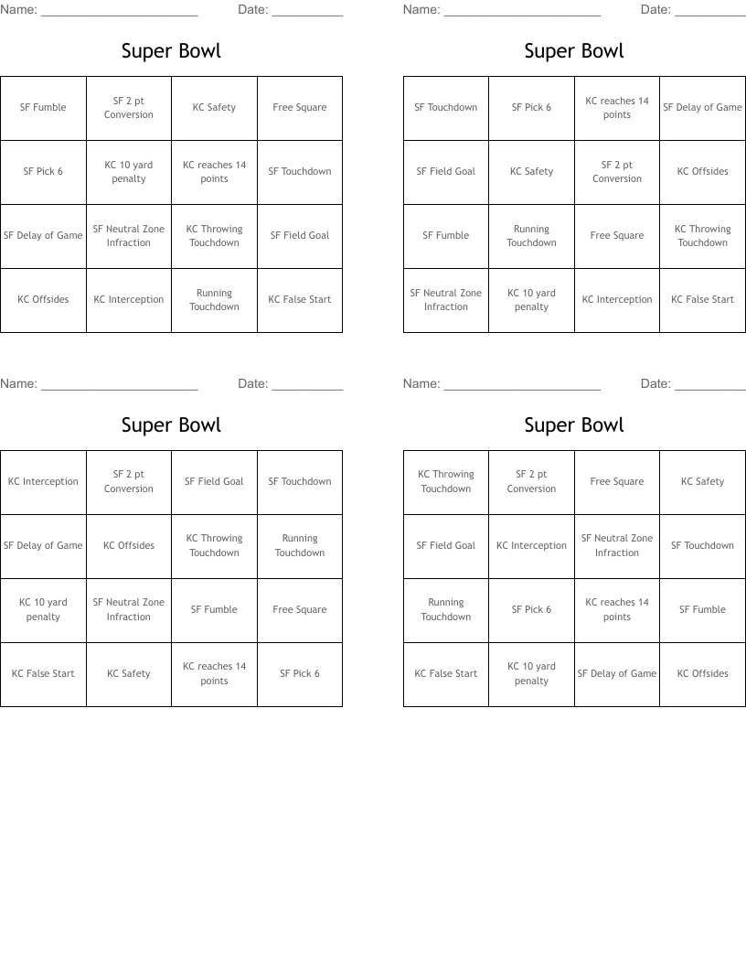 Super Bowl Bingo Cards