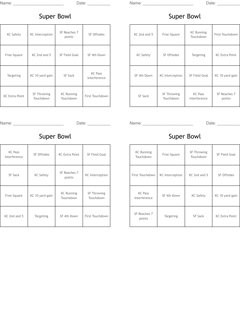 Super Bowl Bingo Cards