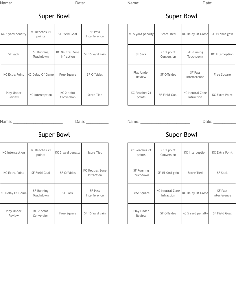 Super Bowl Bingo Cards