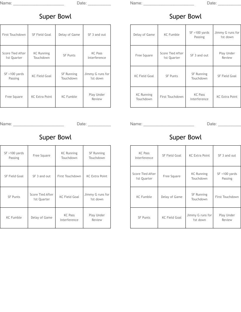 Super Bowl Bingo Cards