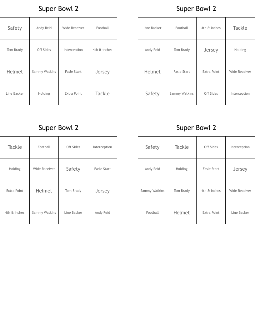 Super Bowl 2 Bingo Cards