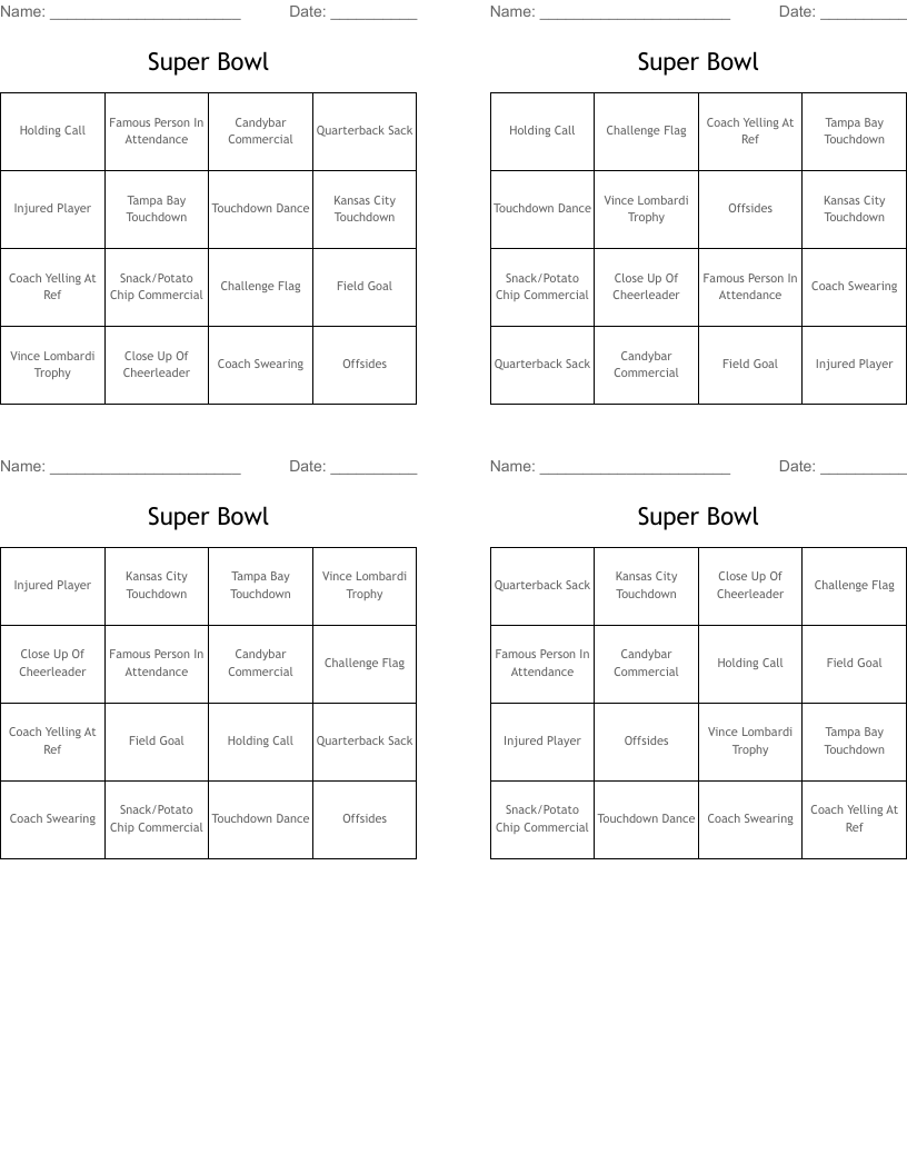 Super Bowl Bingo Cards