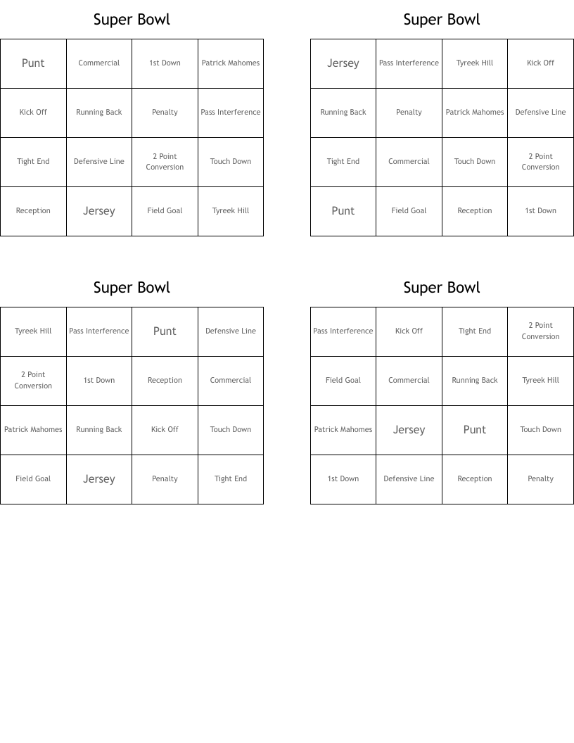 Super Bowl Bingo Cards