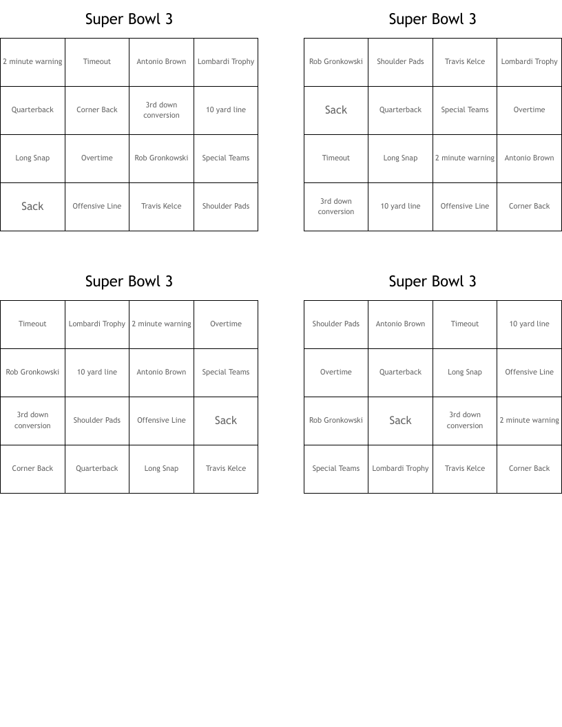 Super Bowl 3 Bingo Cards