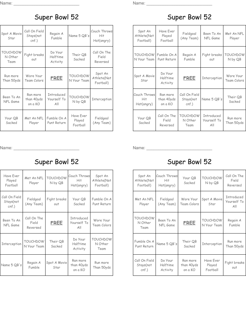Super Bowl 52 Bingo Cards